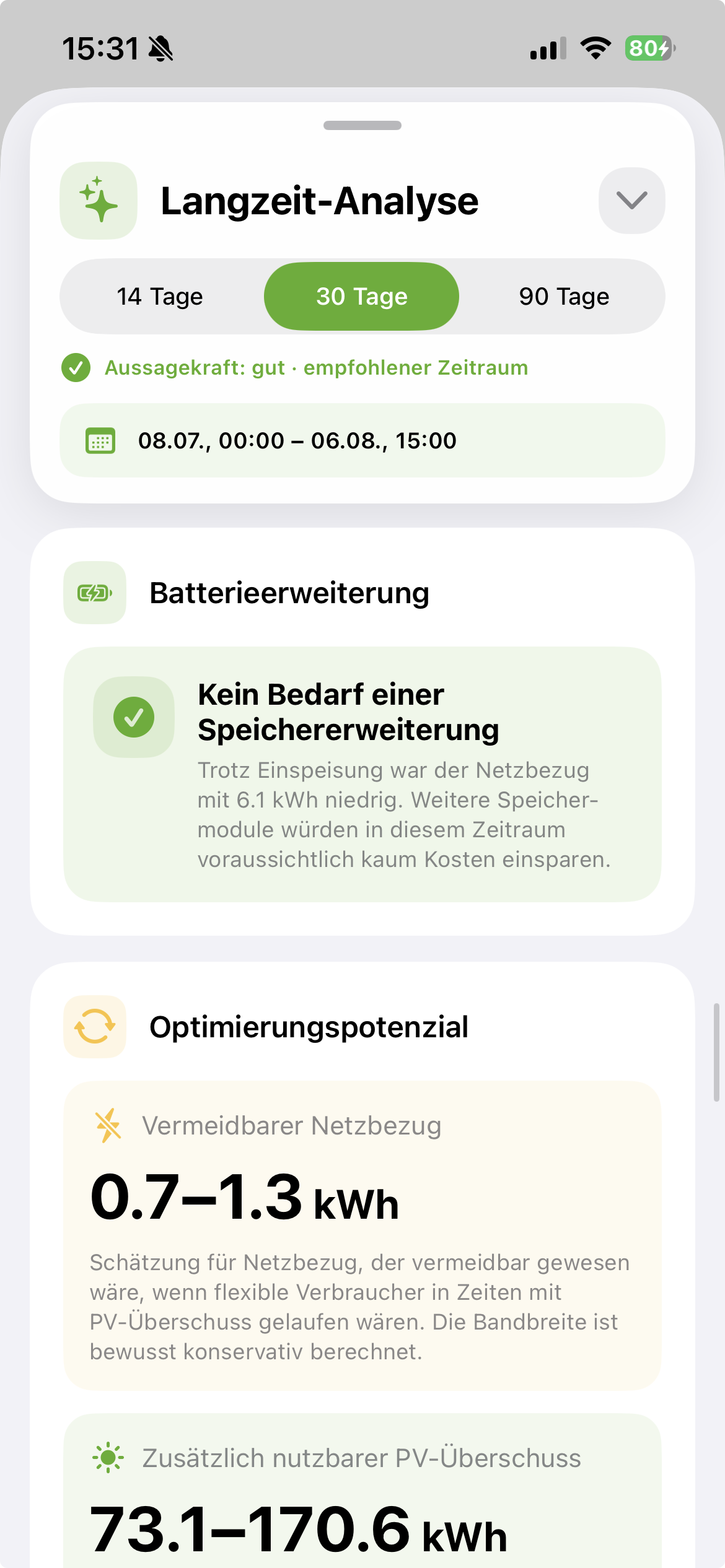 Echter Screenshot zur Batterieerweiterung und zum Optimierungspotenzial