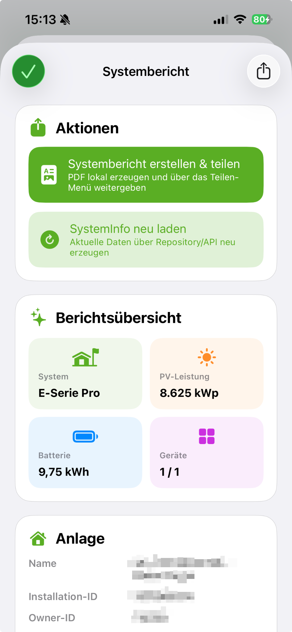 Echter Screenshot des Hager API Systemberichts mit PDF Export