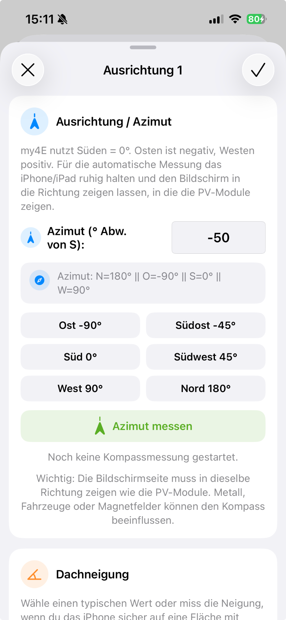 Echter Screenshot des Assistenten für Azimut und Dachneigung