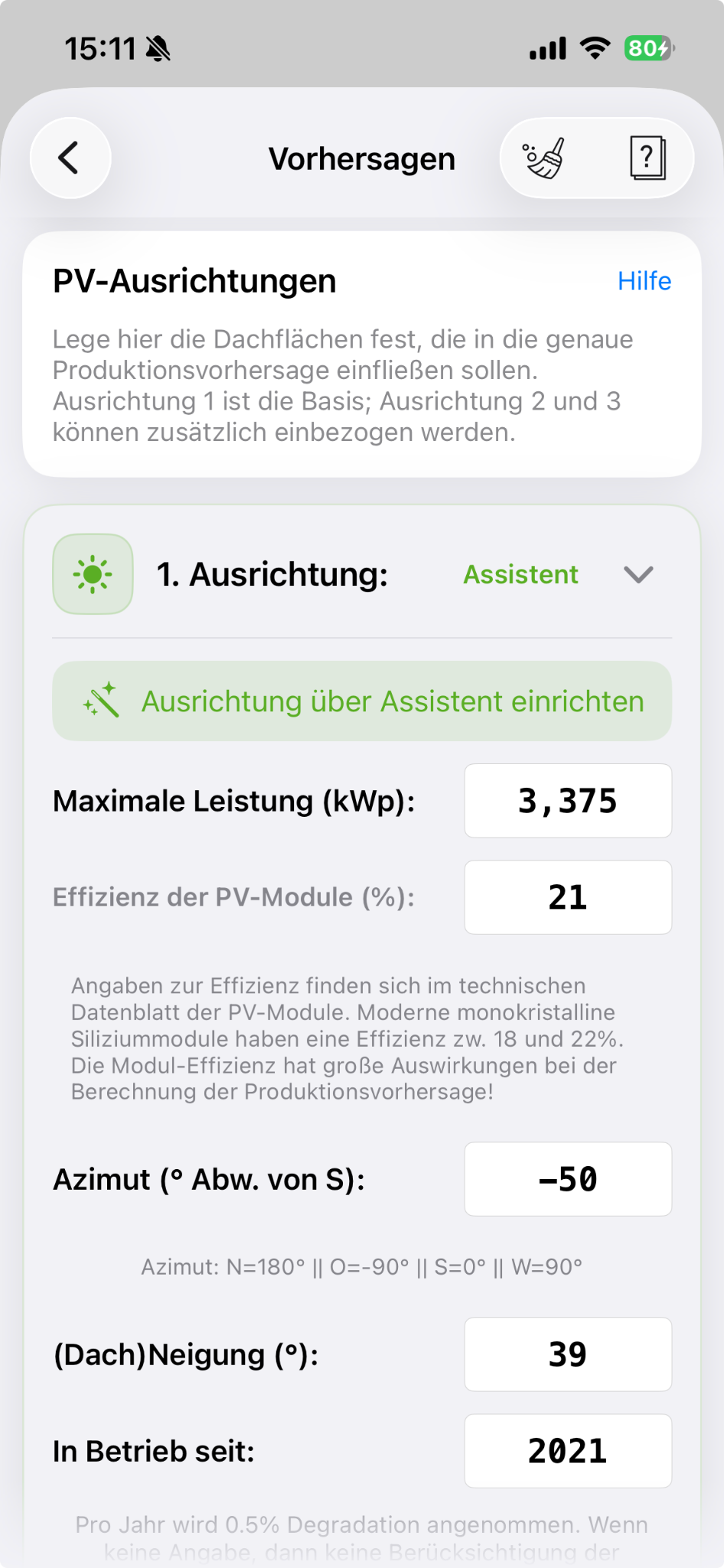 Echter Screenshot der Einrichtung von PV-Ausrichtungen