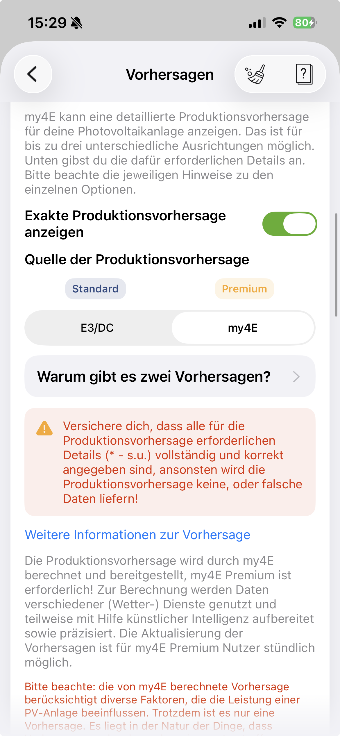 Echter Screenshot der Quellenwahl zwischen E3/DC und my4E Vorhersage